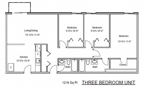 Floor plan for 3 beds, 2 baths, 1100 sqft